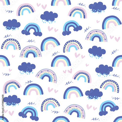Childish vector pattern with hand drawn rainbows, clouds and hearts, baby shower, rainbows seamless background, cute vector texture for kids, fabric, wallpaper, t-shirt print, tablecloth.
