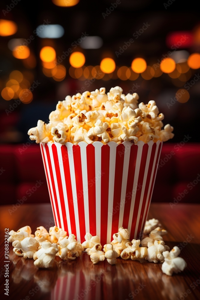 Red and white striped popcorn bucket with spilled popcorn