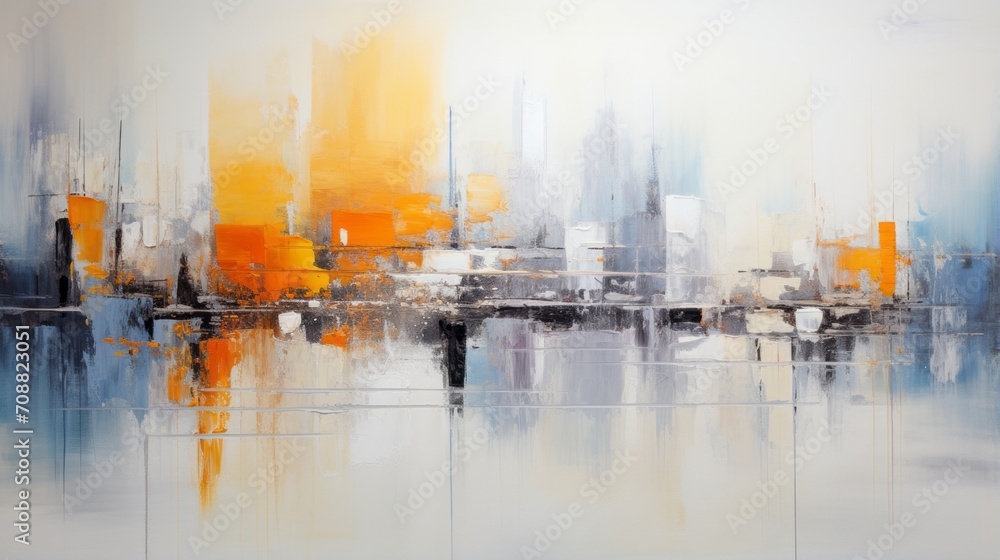 Painting of a city with yellow and blue colors