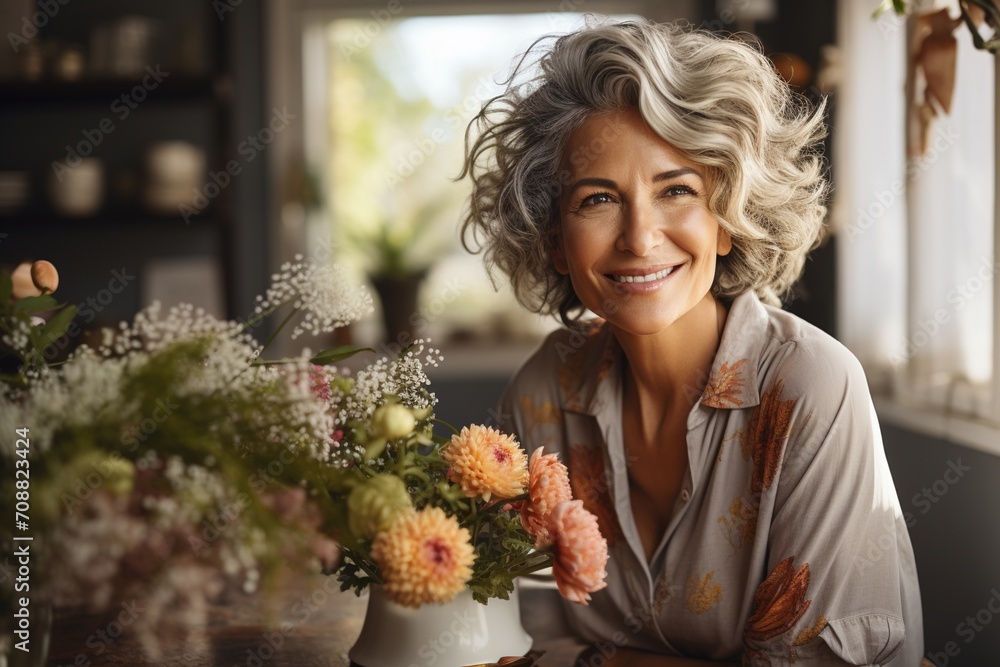 Portrait of a smiling middle-aged woman with gray hair and flowers Portrait of a smiling middle-aged woman with gray hair and flowers