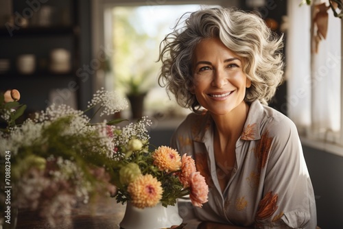 Portrait of a smiling middle-aged woman with gray hair and flowers © duyina1990