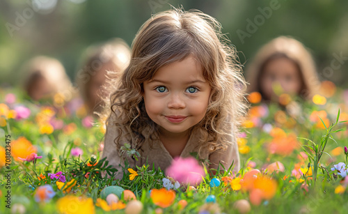 Colorful Easter celebration with vibrant eggs and joyful children in a spring garden, perfect for holiday, family, and spring themes.