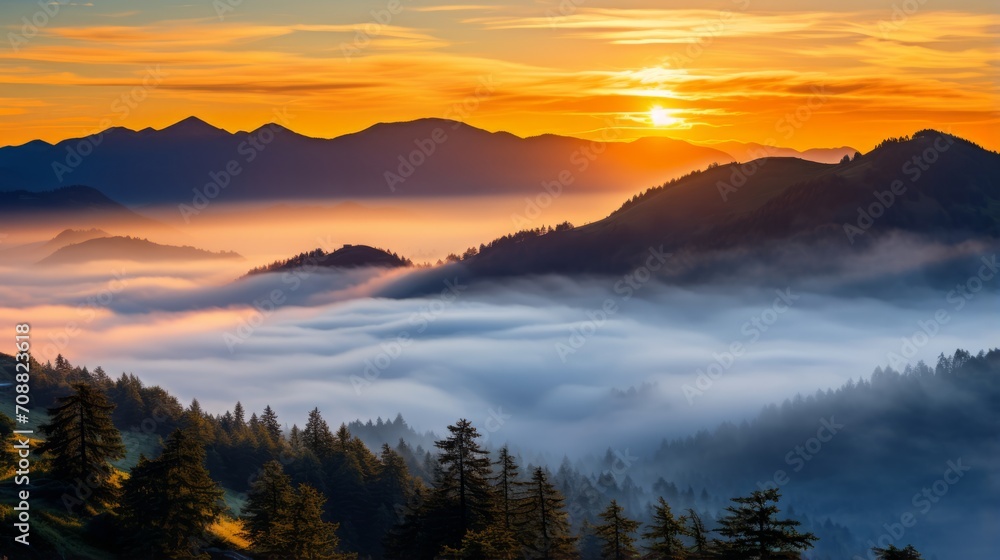 Peaceful sunrise over a misty mountain range