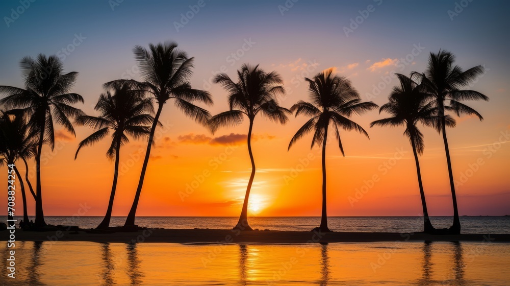 Sunset with palm trees reflecting in the water