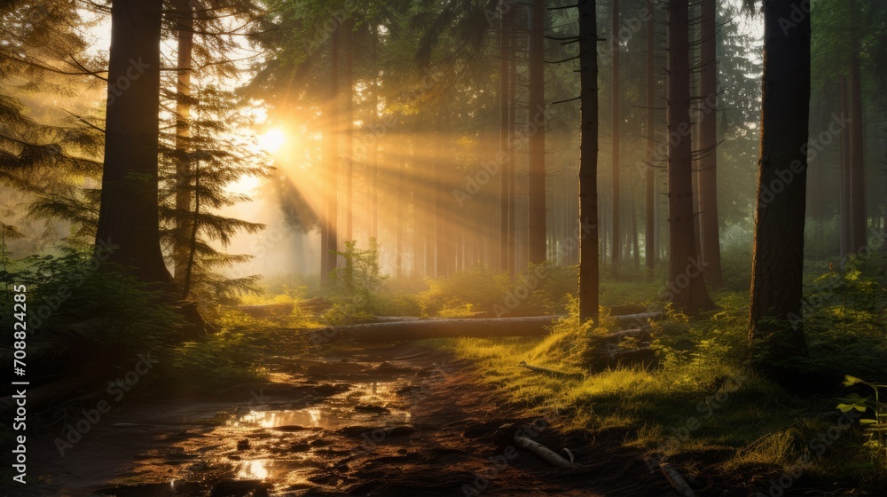 Fototapeta premium Sunlight streaming through trees in a lush forest