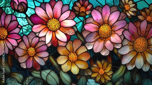 Stained glass window background with colorful Flower and Leaf abstract. #708824236