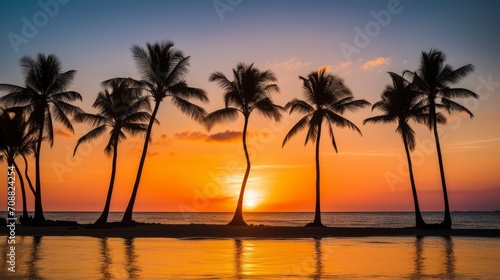Sunset with palm trees reflecting in the water © Cloudyew
