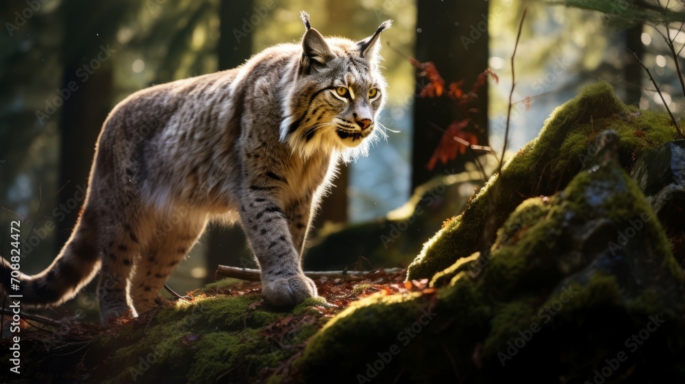 Lynx walking through a mossy forest Lynx walking through a mossy forest