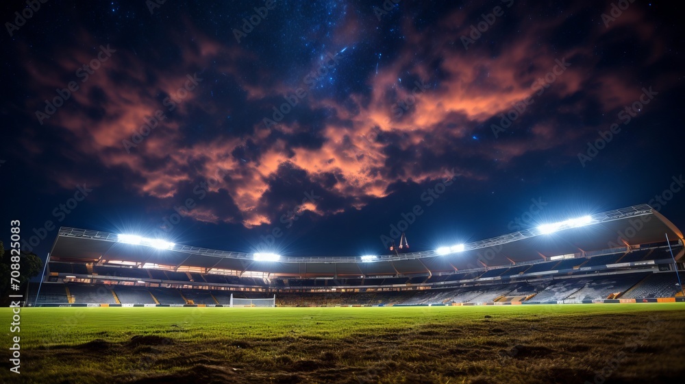 Stadium illuminated under a dramatic sky