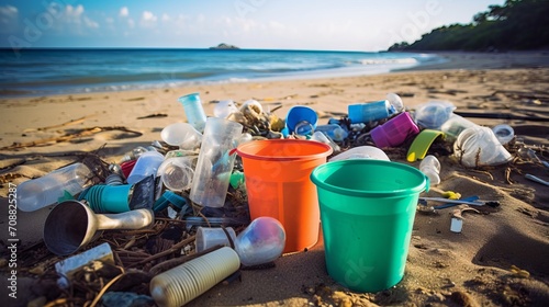Plastic utensils and containers on a beach