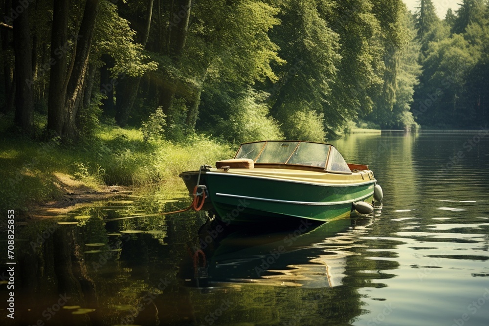 Fishing boat on the lake in the forest. Beautiful summer landscape.
