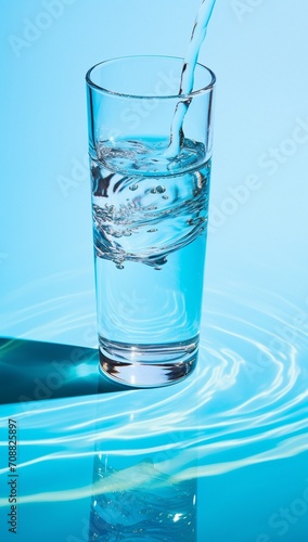 Pouring water into a glass on blue background. Water splash.