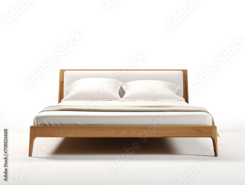 Wooden bed with white bedding isolated on white background, front view