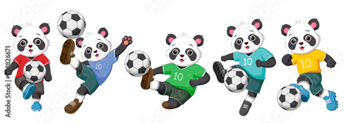 Set of panda cartoon playing football. Vector illustration