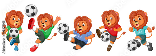 Set of lions cartoon playing football. Vector illustration