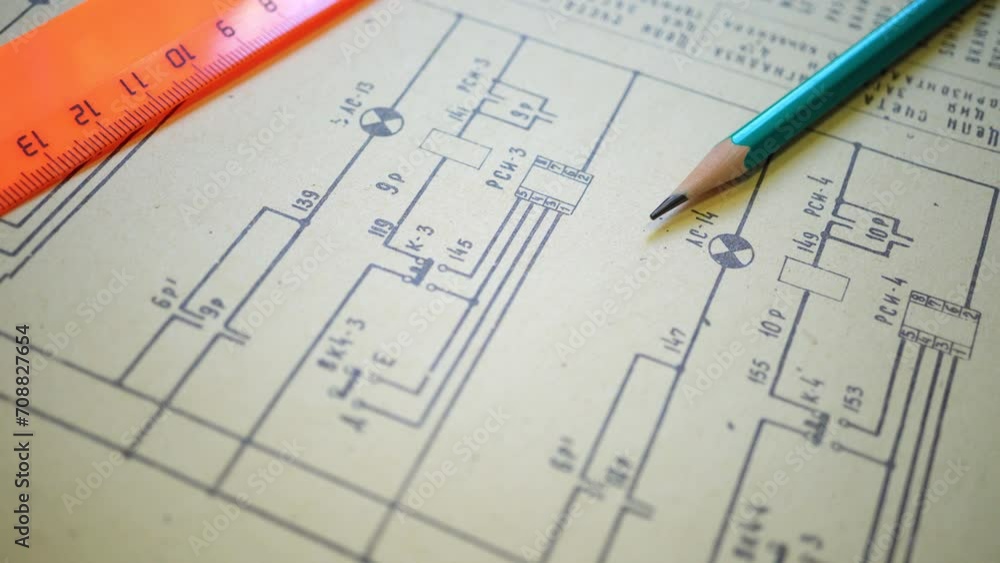An old technical drawing of the power supply system of an industrial building. A close-up diagram. Macro. An old technical drawing of the power supply system of an industrial building. A close-up diagram. Macro.