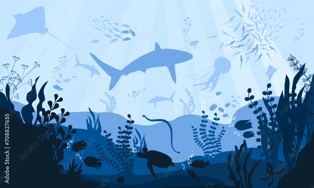 Fototapeta premium Flat cartoon vector illustration. fish and wild marine animals in ocean. vector illustration of underwater ocean fauna with coral reef. aquarium life. tropical aquarium with fishes in blue water.