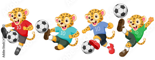 Set of leopard cartoon playing football. Vector illustration