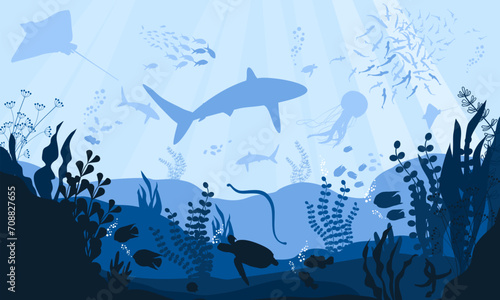 Flat cartoon vector illustration. fish and wild marine animals in ocean. vector illustration of underwater ocean fauna with coral reef. aquarium life. tropical aquarium with fishes in blue water.