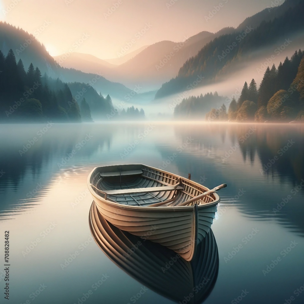 Rowboat on a Misty Mountain Lake at Dawn. hyper-realistic image ...