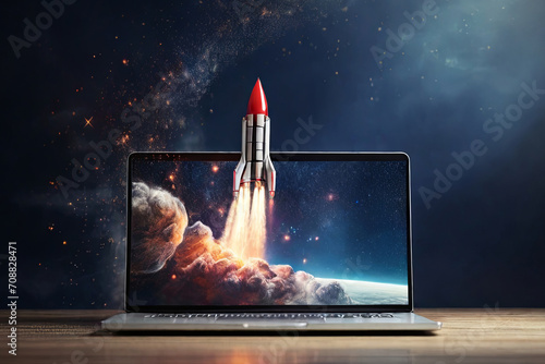 Unleash creativity with a rocket emerging from a laptop screen. Captivate audiences with this dynamic image symbolizing innovation and digital breakthroughs.