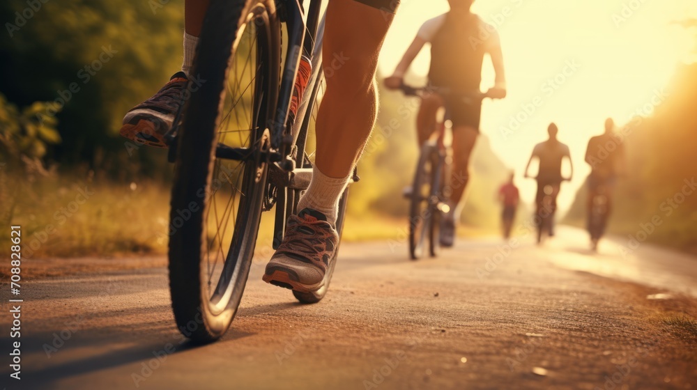 Fototapeta premium Cycling exercising in the morning in groups, Bike and enjoying workout in a park, freedom and energy.