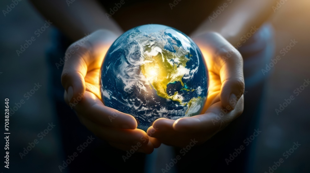 Fototapeta premium Daylight Globe Embrace. Palms enveloping the Earth, Asia basking in daylight.