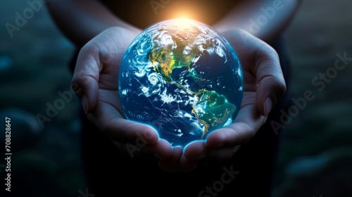 Twilight Earth Care. Earth at twilight cradled in hands, Asia visible.