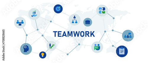 Teamwork team work concept of collaboration in corporation company icon set illustration header interconnected network