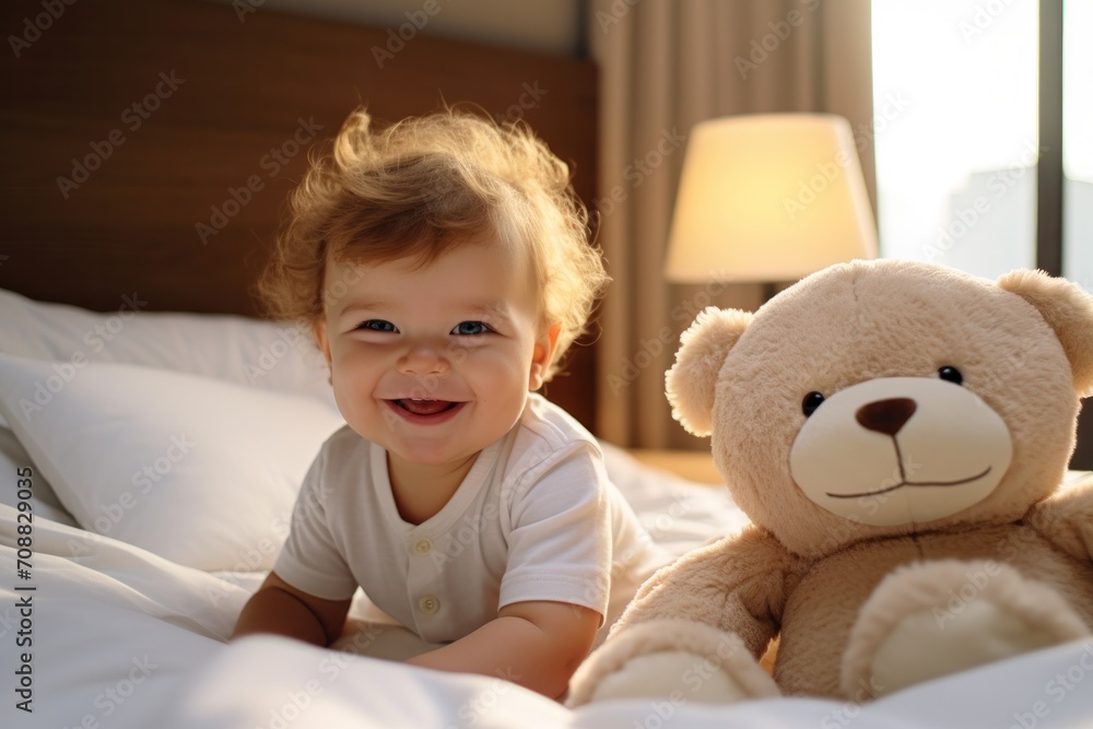 Baby sleeping in bed with teddy bear stuffed toys, Generative AI