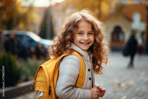 Portrait of young girls children and bus going back home looking forward smiling excited, Generative AI