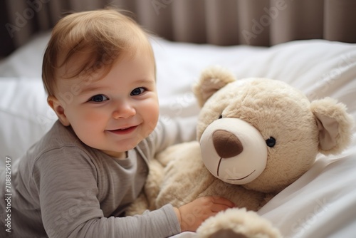 Baby sleeping in bed with teddy bear stuffed toys, Generative AI