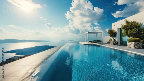 Infinity Pool Overlooking the Sea Infinity pool, sea horizon, clear sky, few clouds, modern white villa, poolside foliage, serene atmosphere, luxurious escape, panoramic view 