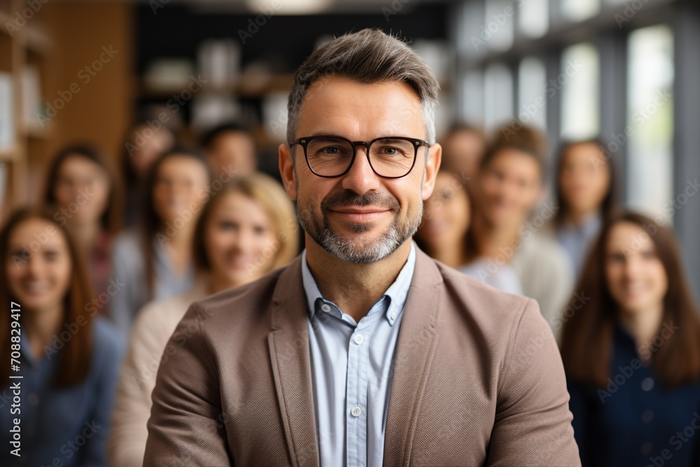 Businessman standing in front of a group of people Businessman standing in front of a group of people