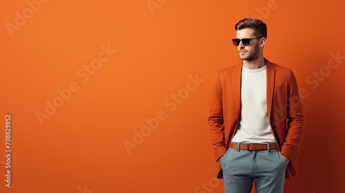trendy fashionable man fashion portrait on orange background