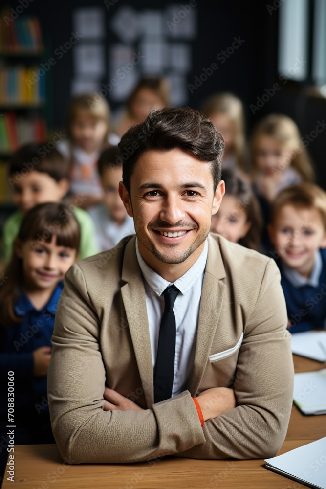 Happy young male teacher with a group of students in the classroom Happy young male teacher with a group of students in the classroom