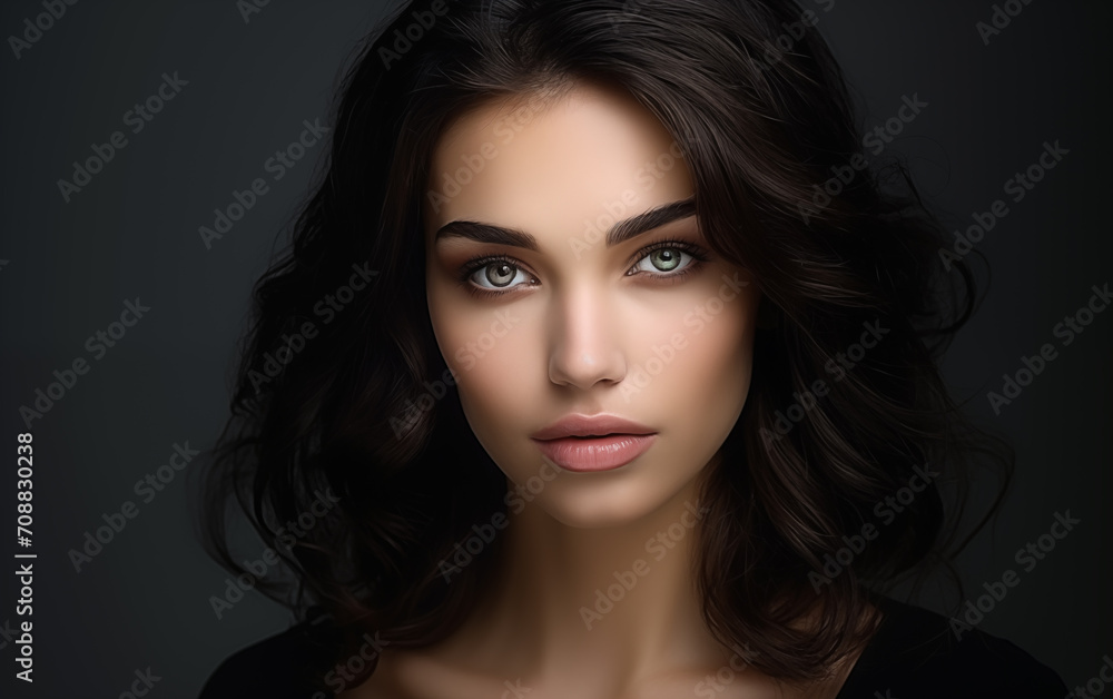 Naklejka premium Pretty girl with long black hair on black background. 