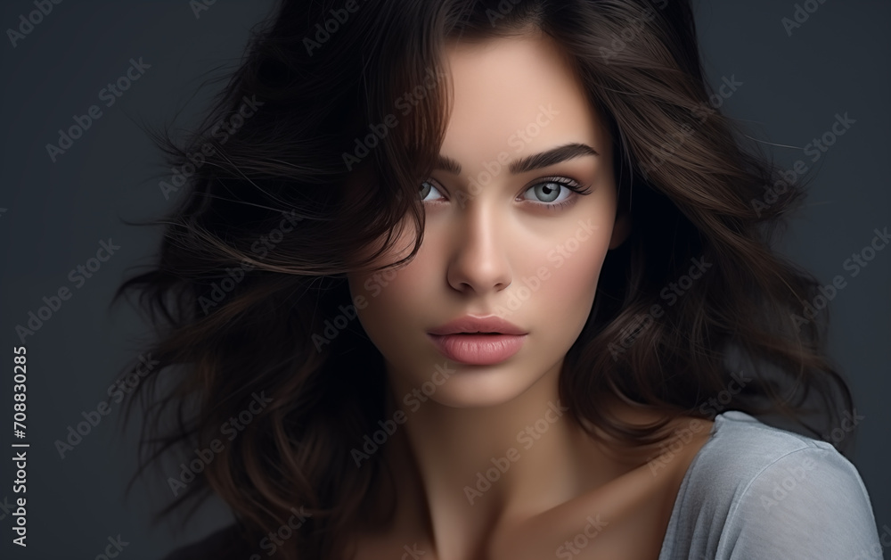 Pretty girl with long black hair on black background.
Pretty girl with long black hair on black background.