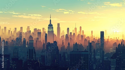 Comic book style depiction of a city in early morning light, urban awakening scene © Asayamrad