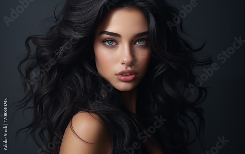 Pretty girl with long black hair on black background. 