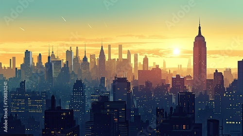 Comic book style depiction of a city in early morning light, urban awakening scene photo