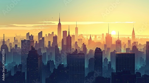 Comic book style depiction of a city in early morning light  urban awakening scene