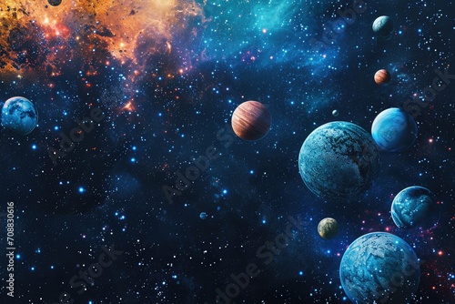 Fantasy Cosmos with Colorful Planets in Vibrant Galactic Space © Asayamrad