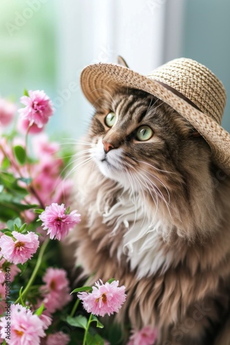Cute fluffy cat in hat with fresh spring flowers