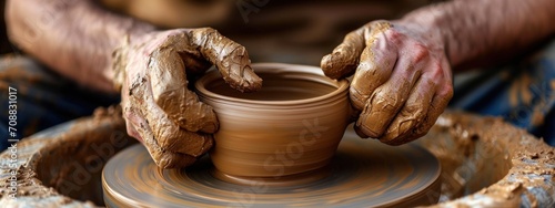 Dirty male hands sculpt mug with ceramic clay on potter's wheel