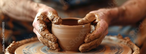 Photographie Dirty male hands sculpt mug with ceramic clay on potter's wheel