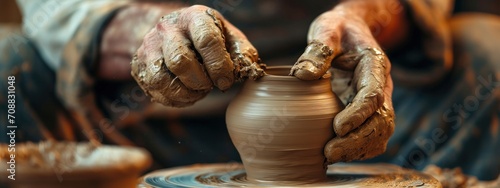 Dirty male hands sculpt mug with ceramic clay on potter's wheel