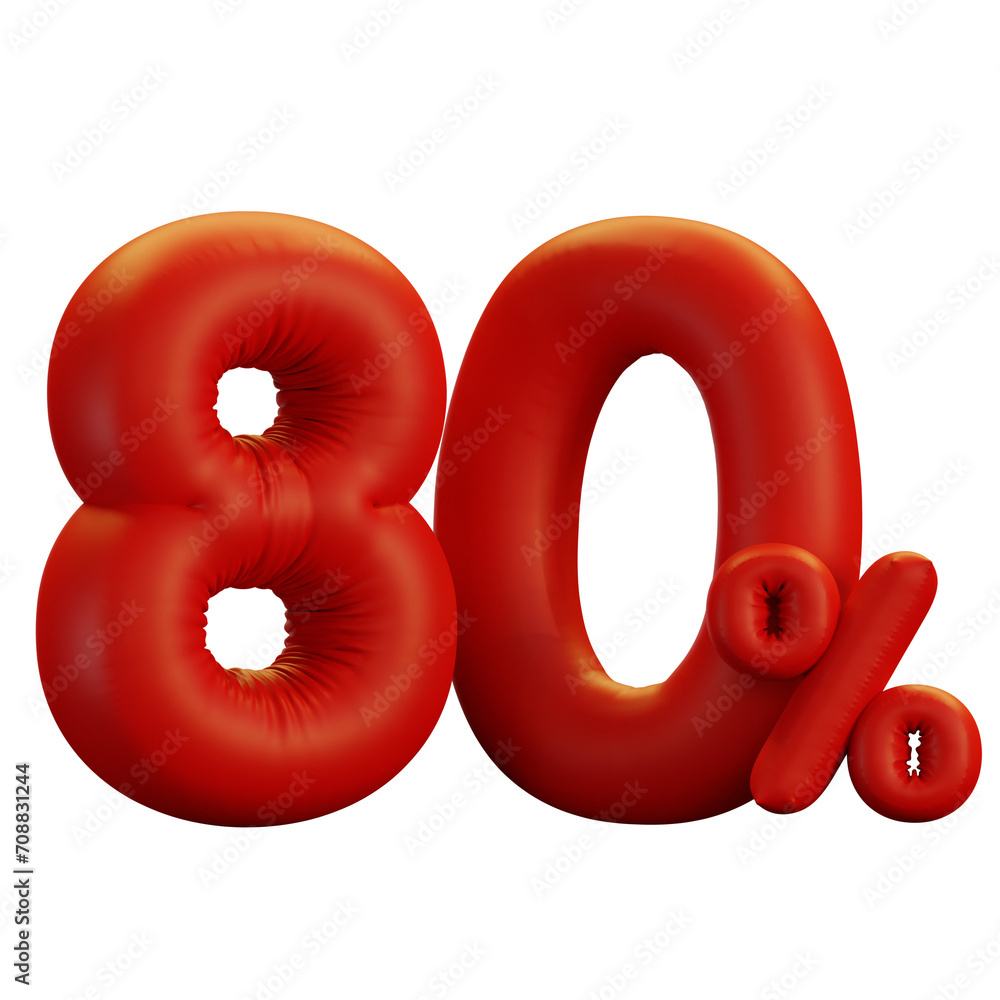 3d render red foil balloon of number 80 percent. Transparent background 3d render red foil balloon of number 80 percent. Transparent background