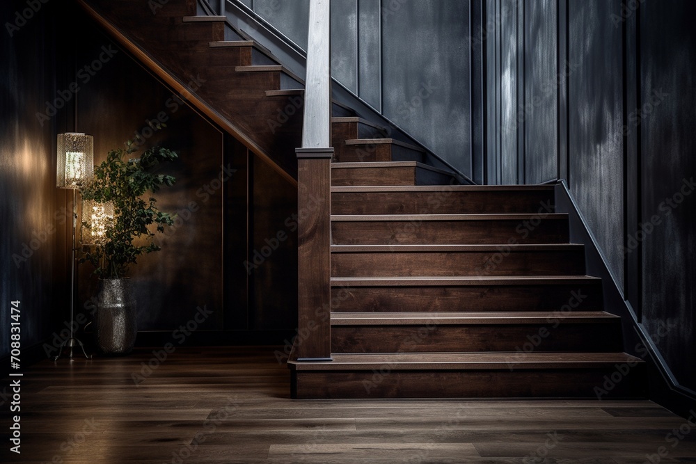 Wooden stairs in dark interior with plant. 3D Rendering