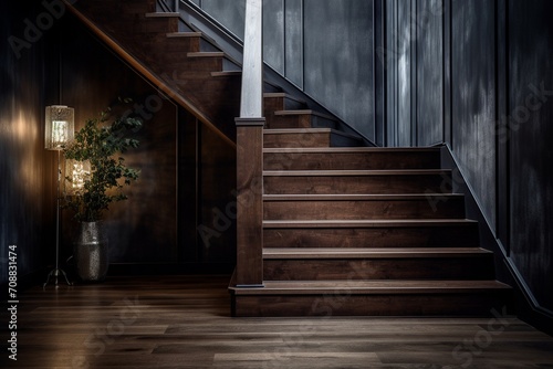 Wooden stairs in dark interior with plant. 3D Rendering